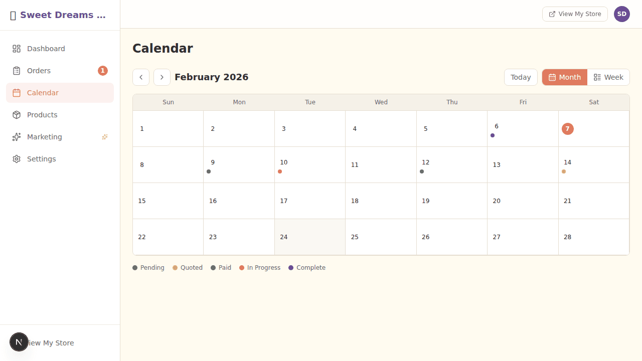 Calendar view with orders organized by delivery date