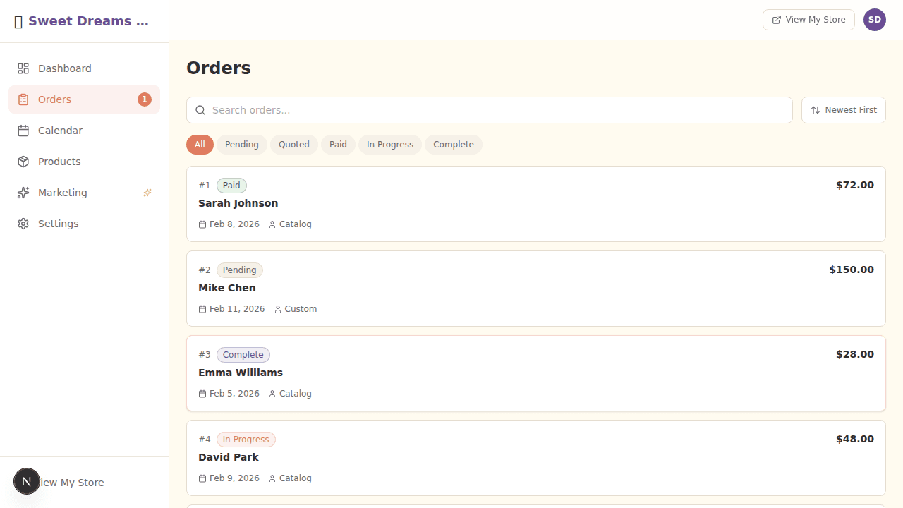 Order management dashboard showing card-based order list